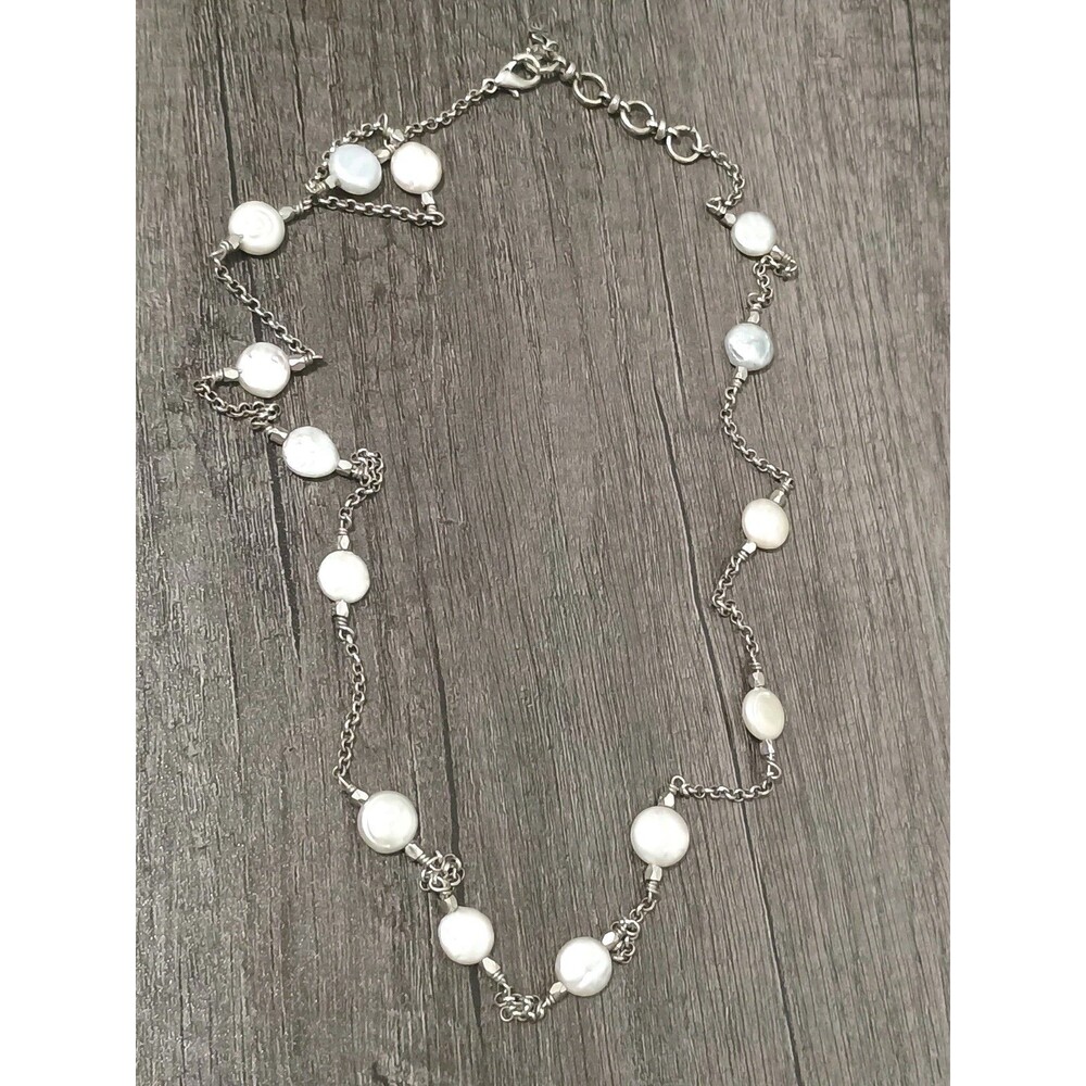 Lucky Brand Real Coin Pearl Long Silver Tone Chain Necklace
